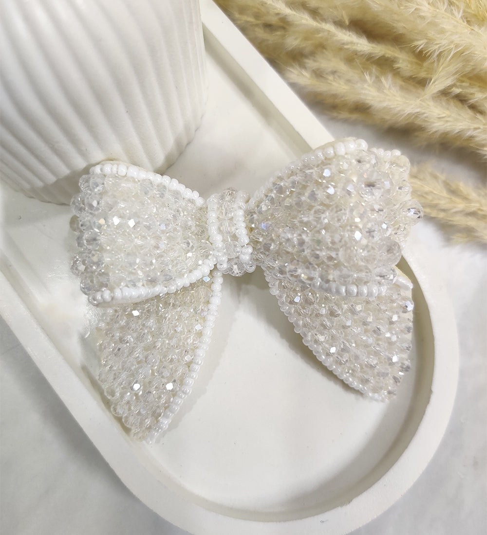 Double Layered White Beaded Bow Hiar Clip