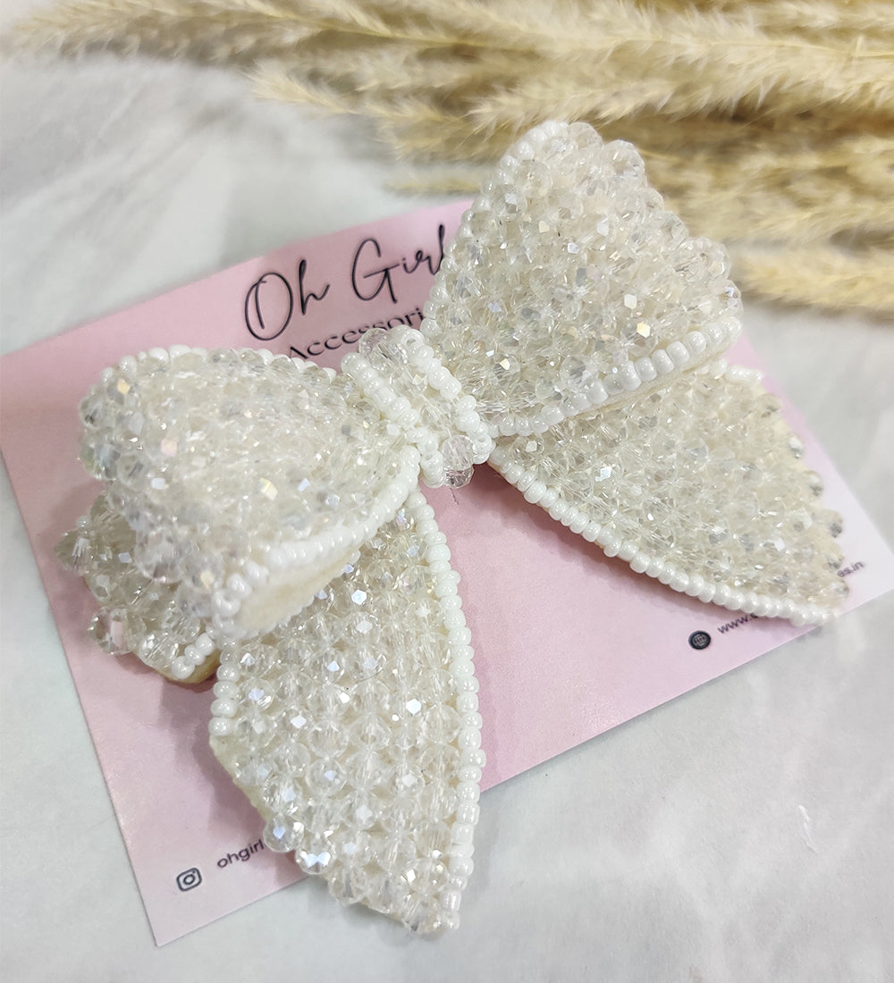Double Layered White Beaded Bow Hiar Clip