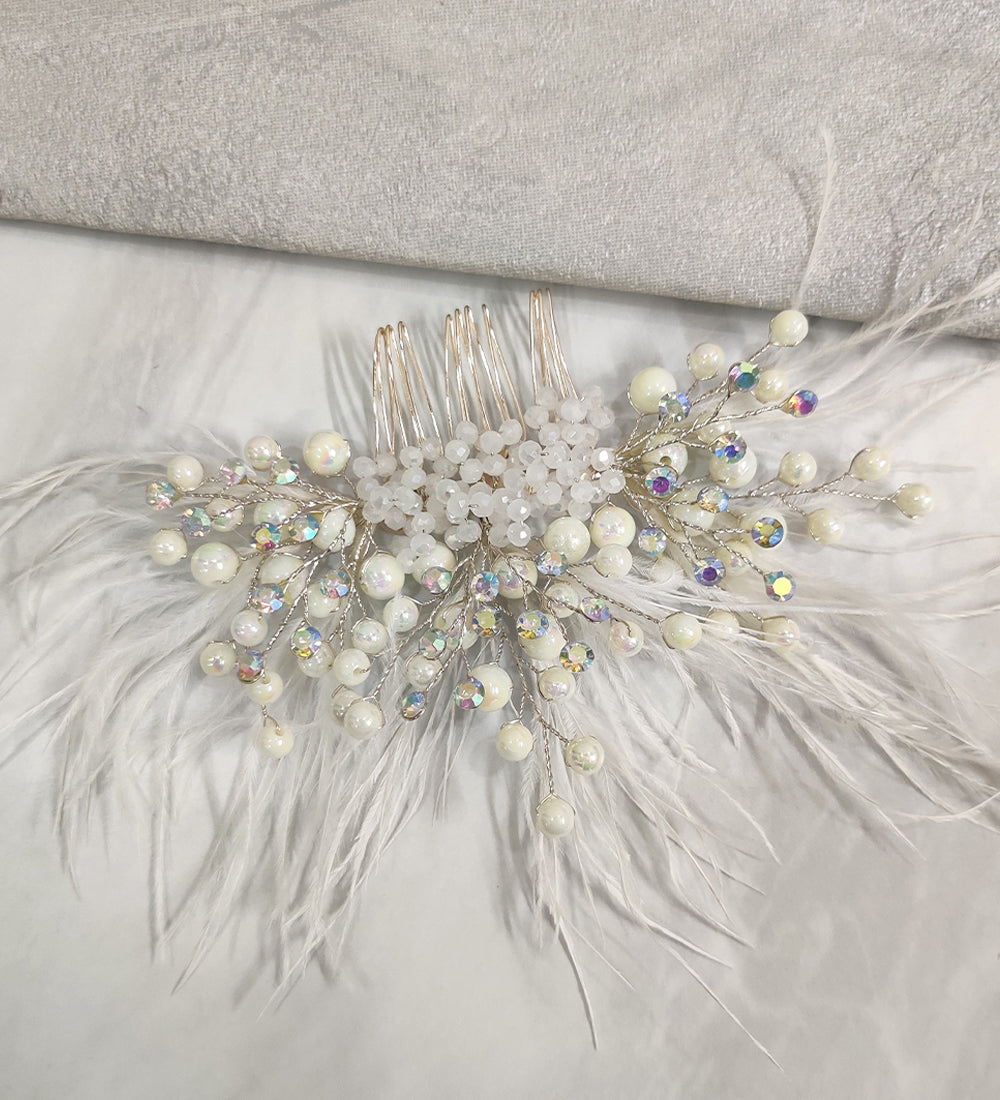 White Feather and Crystal Hair Comb