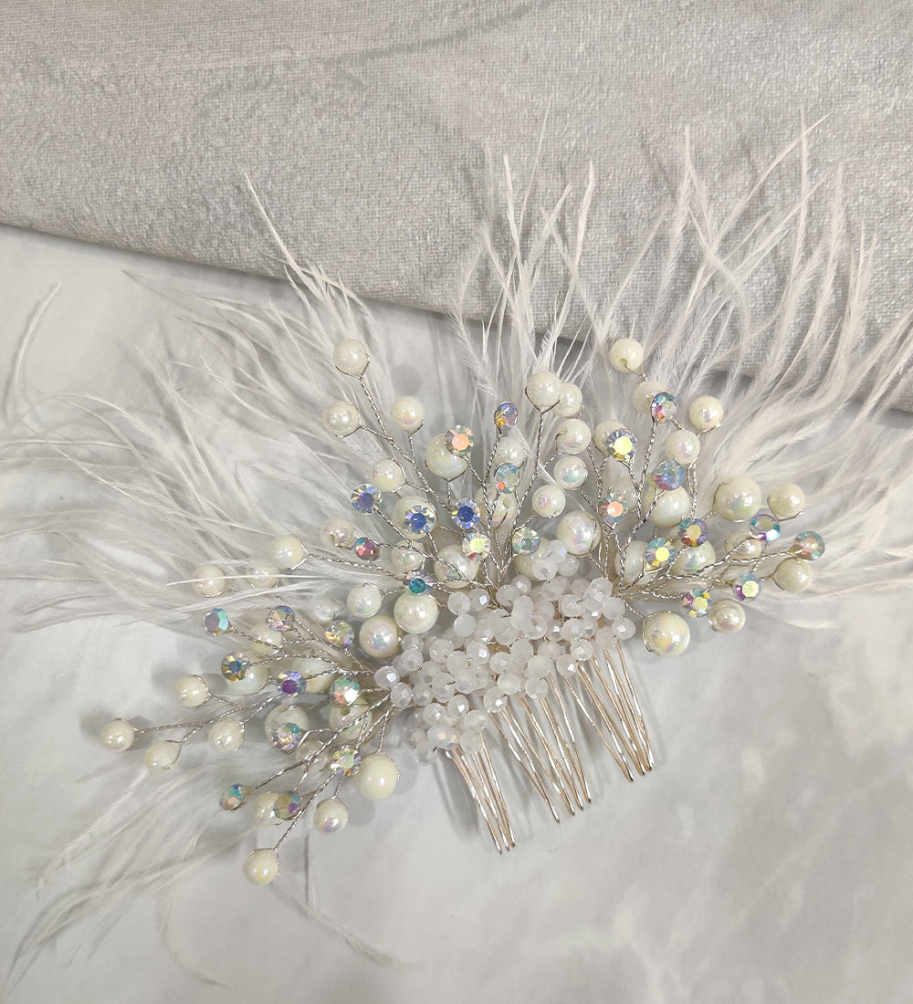 White Feather and Crystal Hair Comb