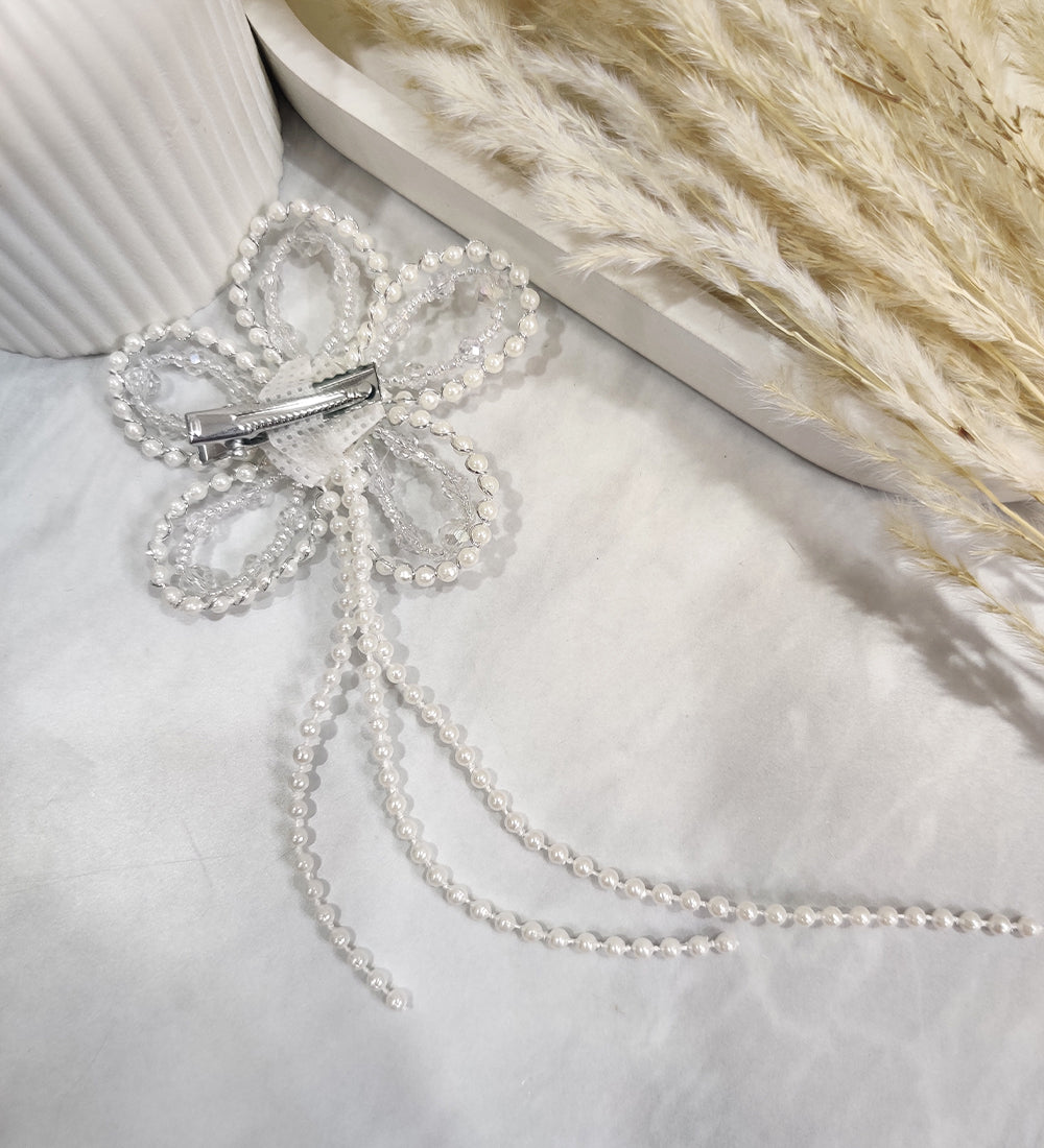 White Crystal and Pearl Flower Hair Clip