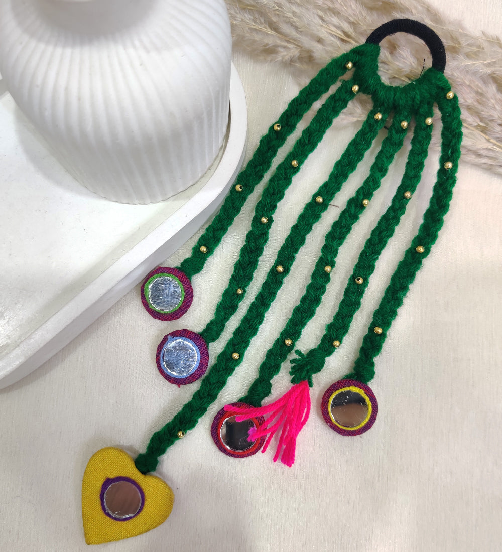 Handmade Green Woolen Hair Accessory with Mirror Work & Beads
