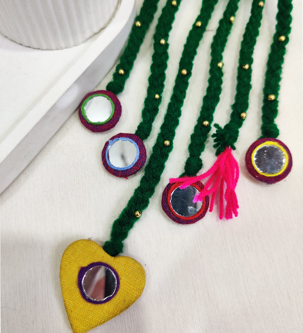Handmade Green Woolen Hair Accessory with Mirror Work & Beads
