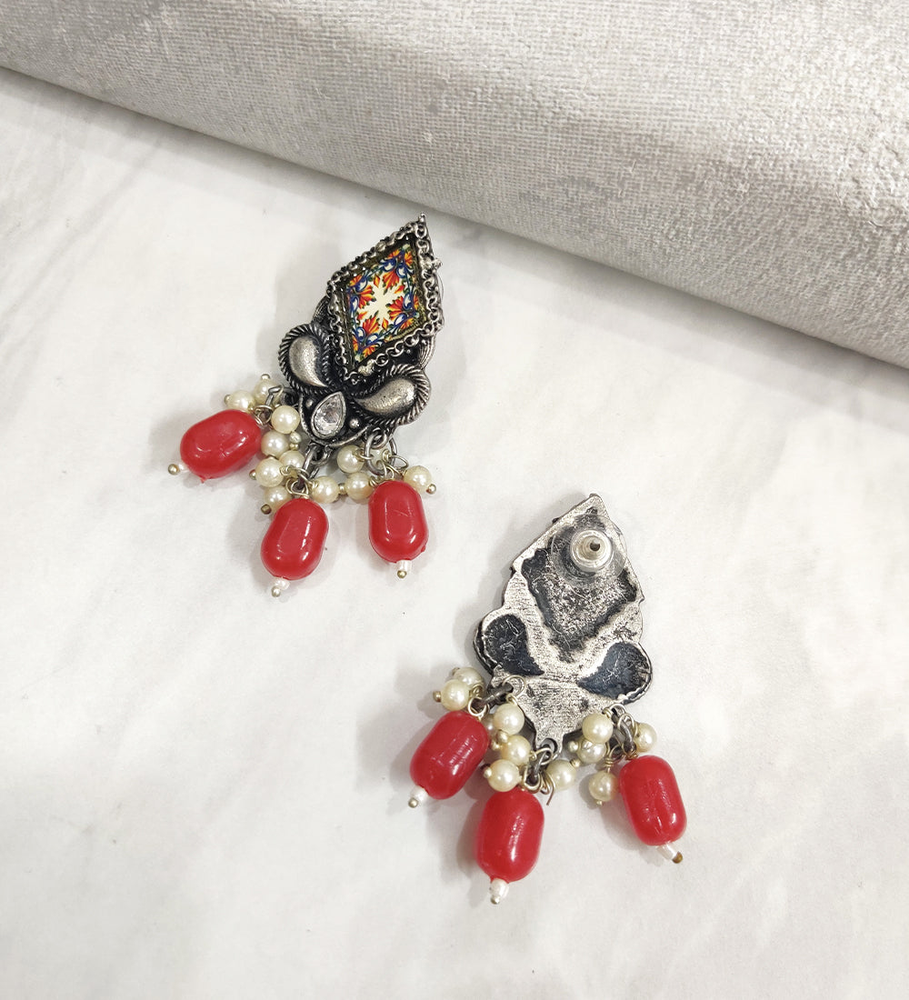 Meenakari Oxidised Handpainted Red Pearl Drop Earring