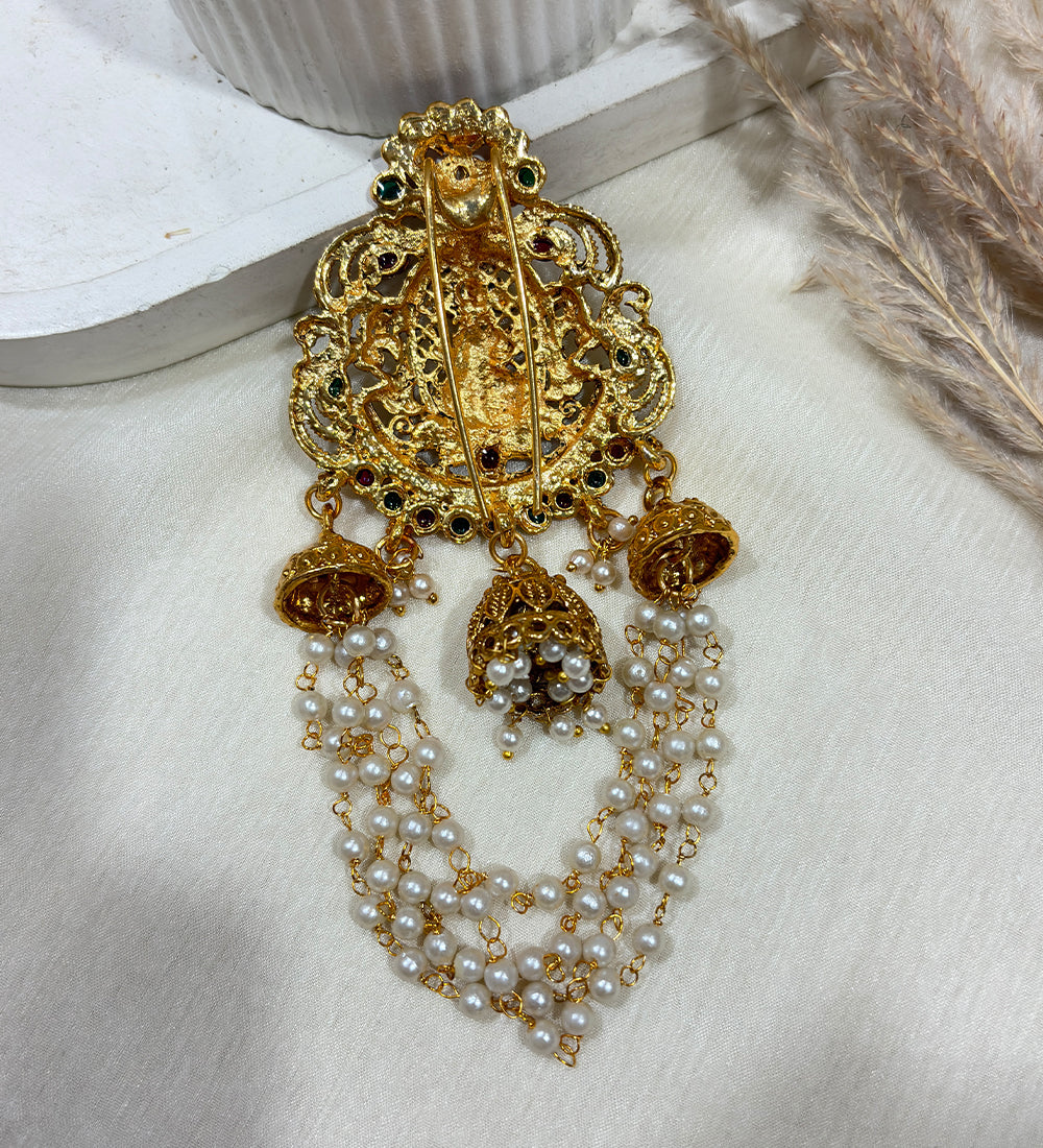 Golden Lakshmi Pearl Drop Hair Brooch