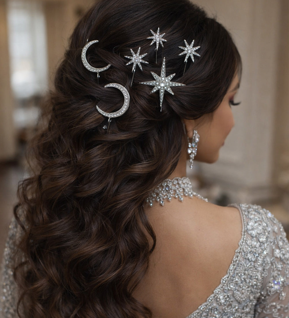 Silver Crescent Moon & Star Bridal Hair Pins Set
