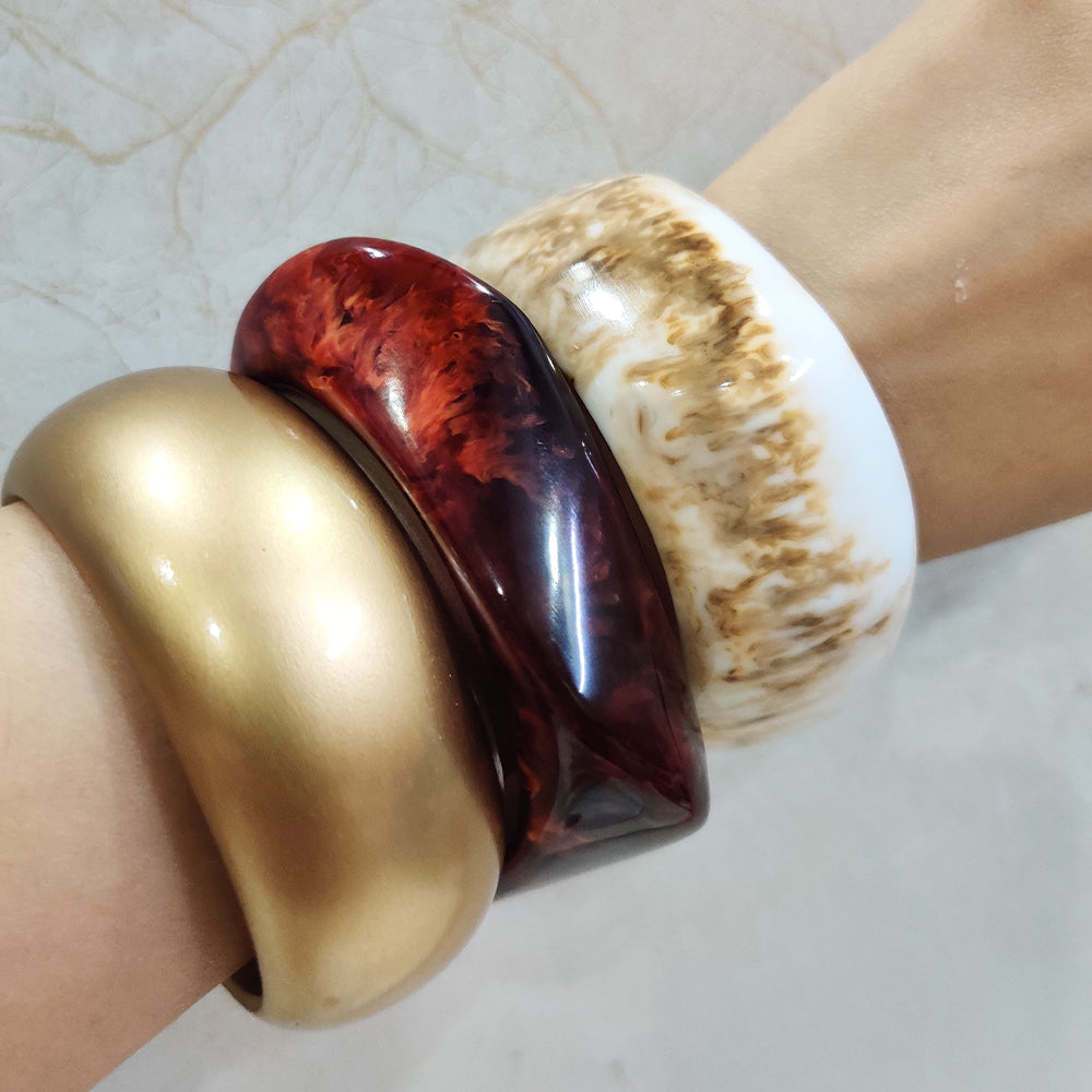 Chunky Resin Statement Bangle Set – Marble, Gold & Wine Red