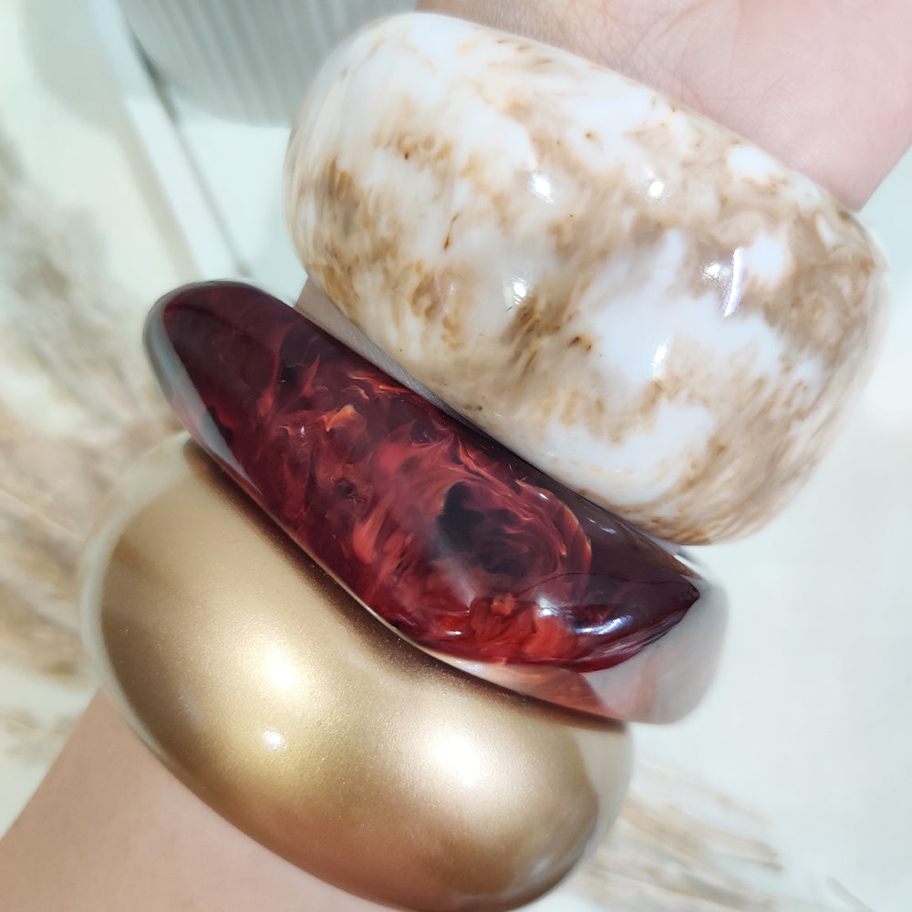 Chunky Resin Statement Bangle Set – Marble, Gold & Wine Red