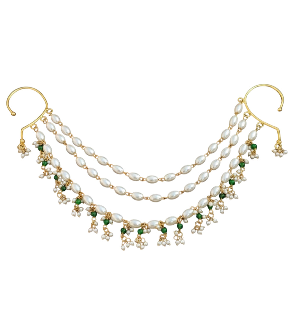 Pearl & Emerald Double Layer Ear Chain