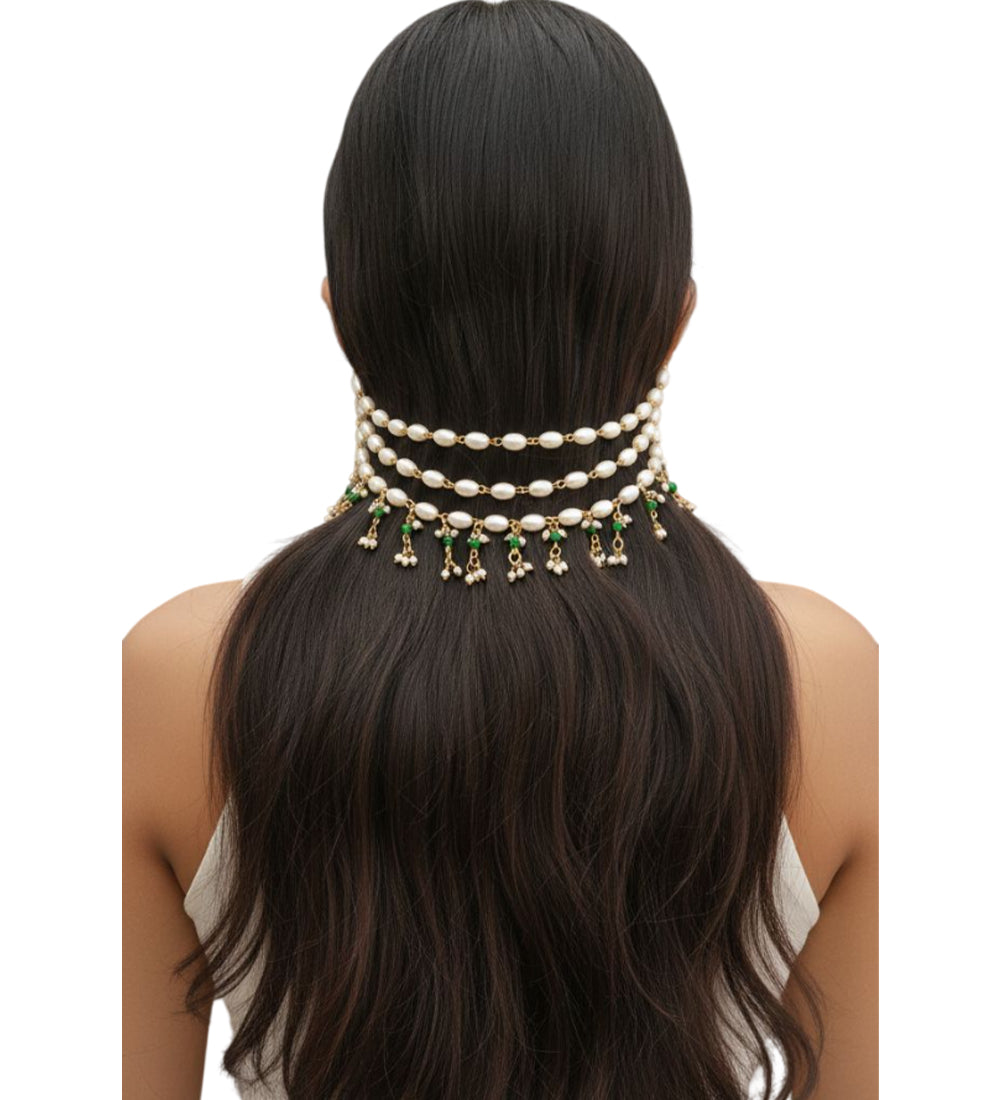 Pearl & Emerald Double Layer Ear Chain