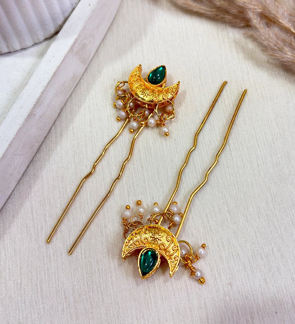 Zehra Moon Hair Pins- Green