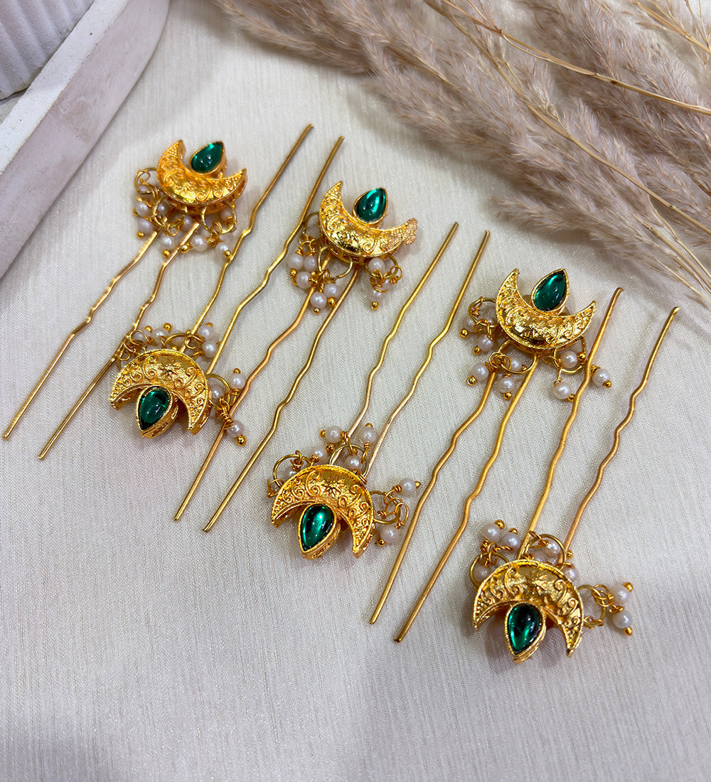 Zehra Moon Hair Pins- Green