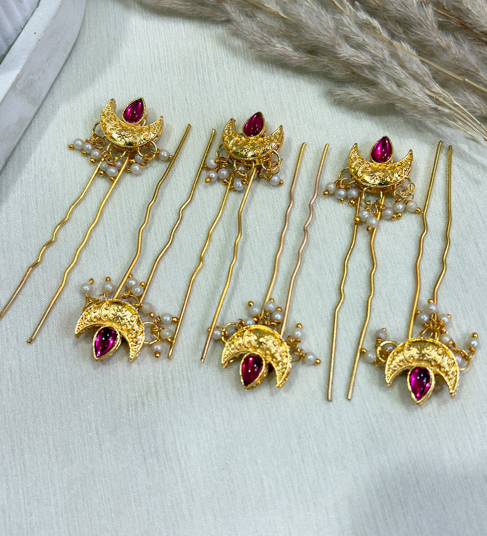 Zehra Moon Hair Pins- Maroon
