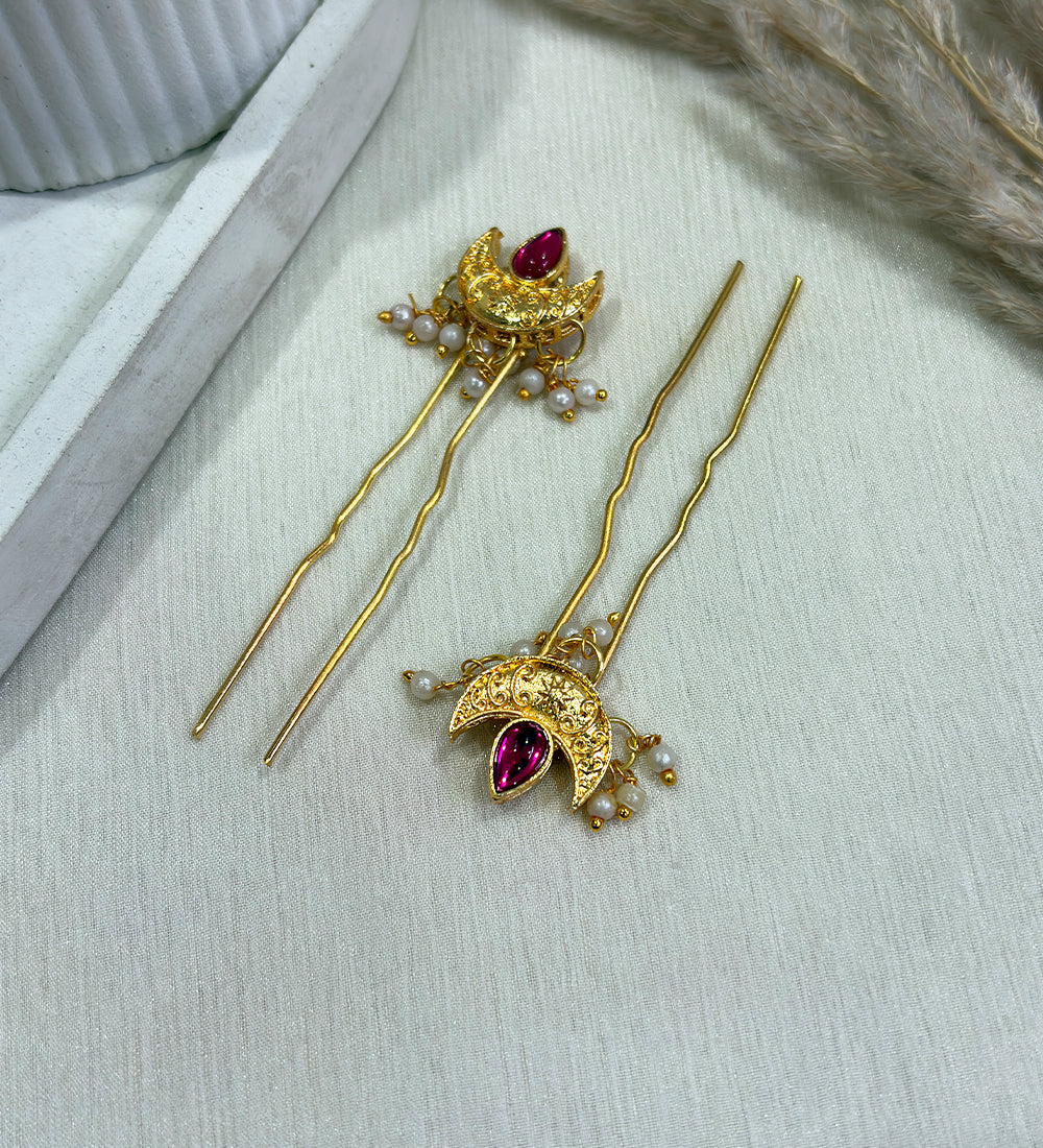 Zehra Moon Hair Pins- Maroon