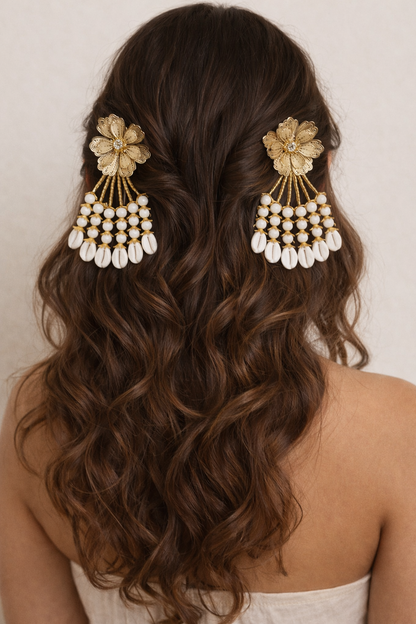 Gold Floral Cowrie Shell Hair Clip