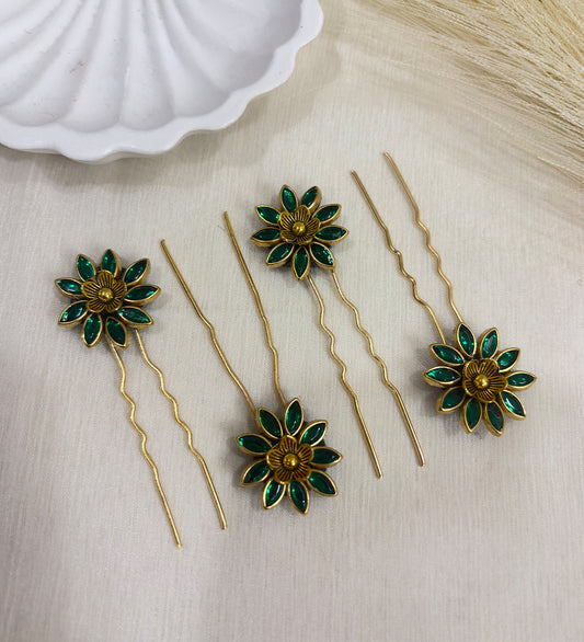 Emerald Floral Hair Pins