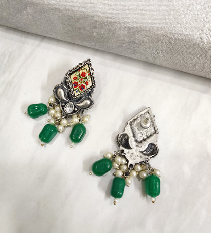 Meenakari Oxidised Handpainted Green Pearl Drop Earring