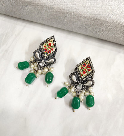 Meenakari Oxidised Handpainted Green Pearl Drop Earring