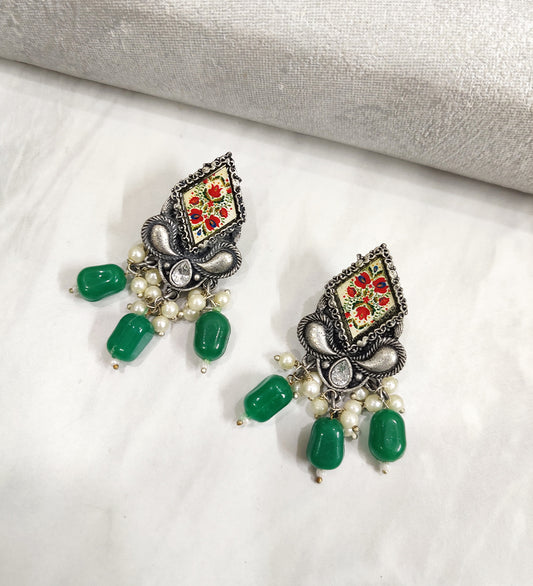 Meenakari Oxidised Handpainted Green Pearl Drop Earring