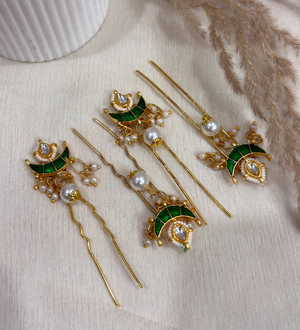 Emerald Pearl Hair Pins Set of 4