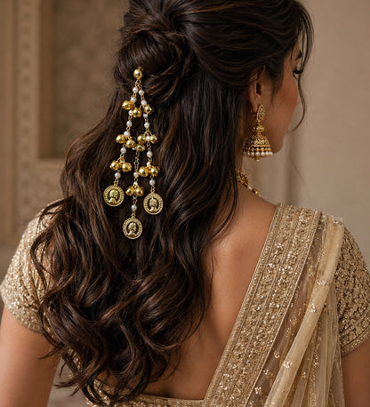 Gold Coin Pearl Ghungroo Hair String