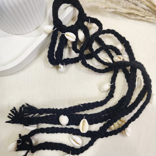 Black Braided Hair Accessory with Seashells – Ethnic Bohemian Vibe