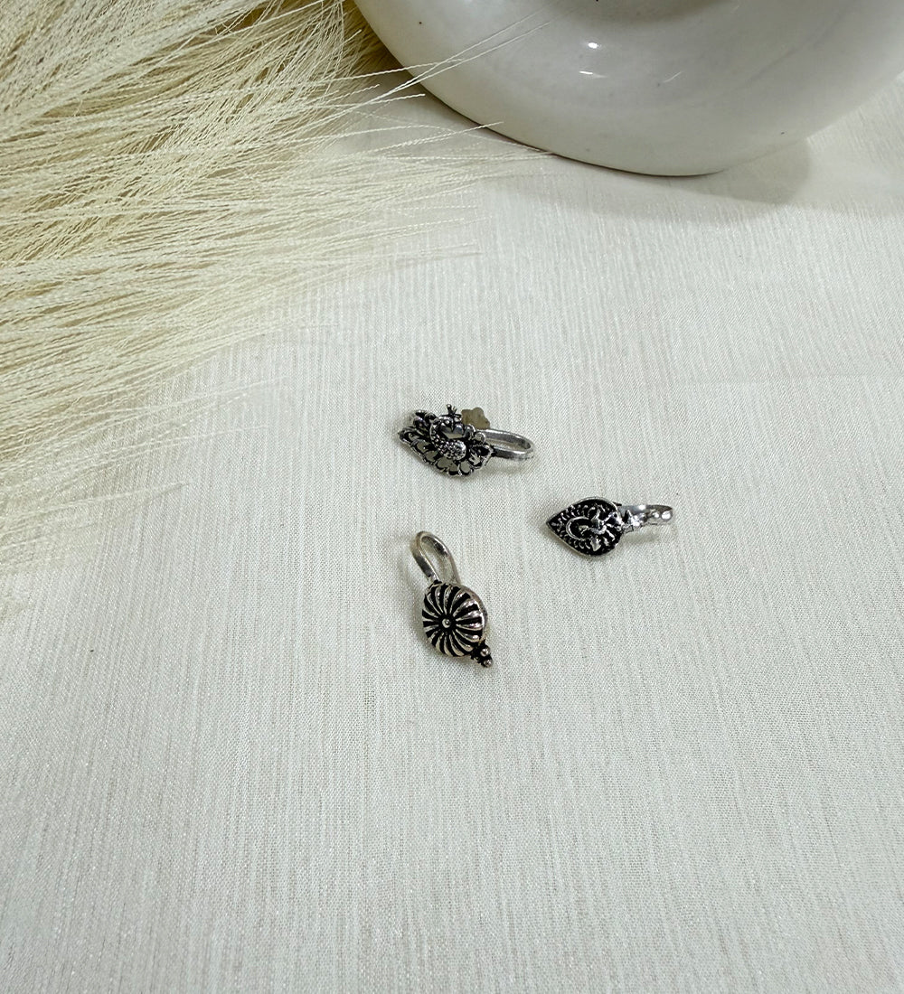 Oxidised  Non piercing Pressing Clip Nose Pin(Set of 3)