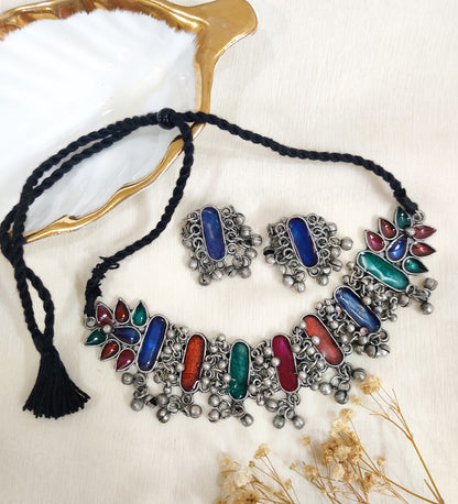 Oxidised Silver Afghani Ghungroo Choker with Earrings