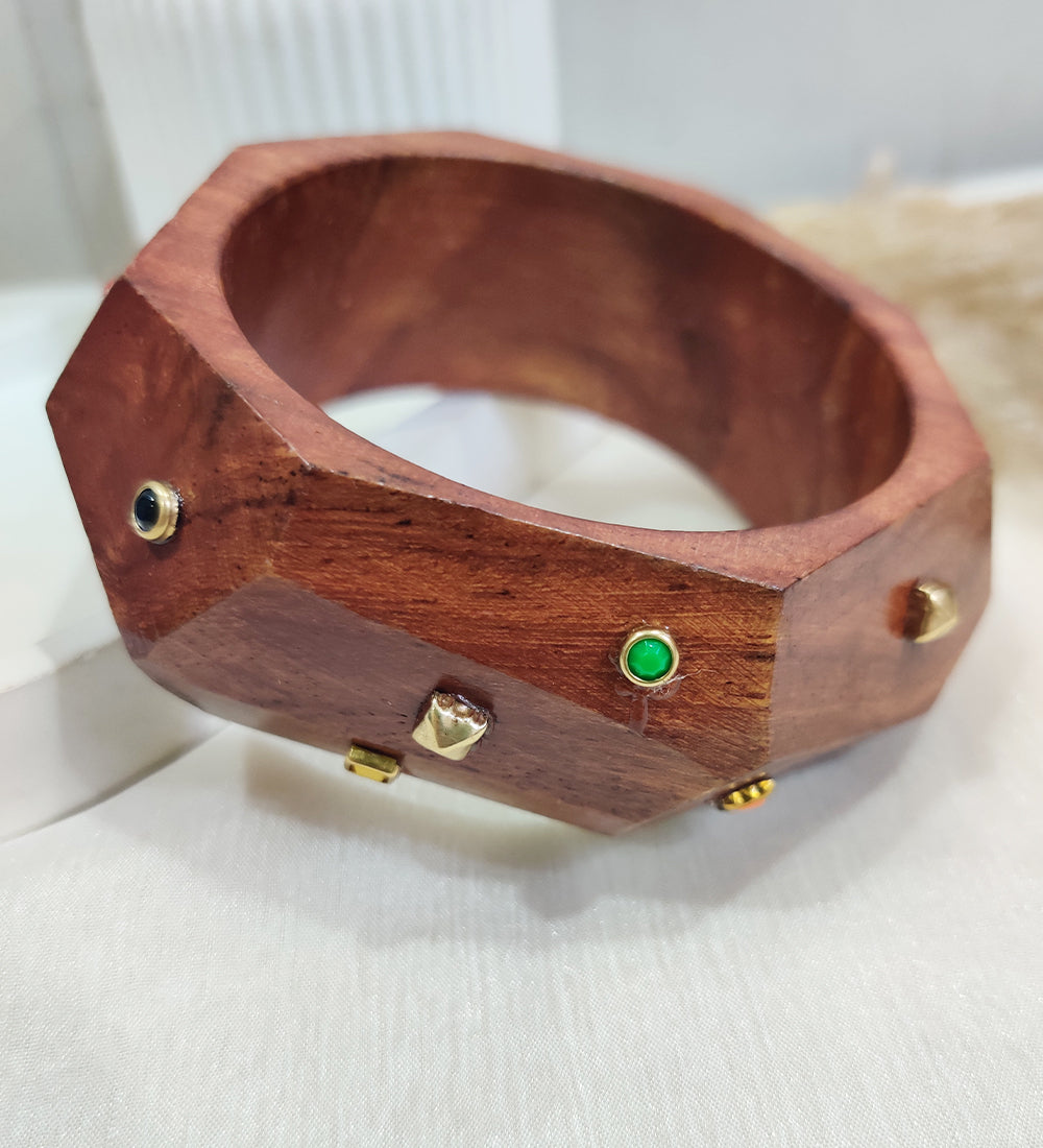 Designer Wooden Bracelet with Gold Studs & Color Stones