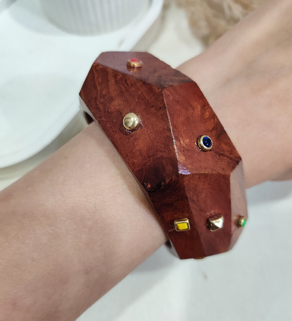 Designer Wooden Bracelet with Gold Studs & Color Stones