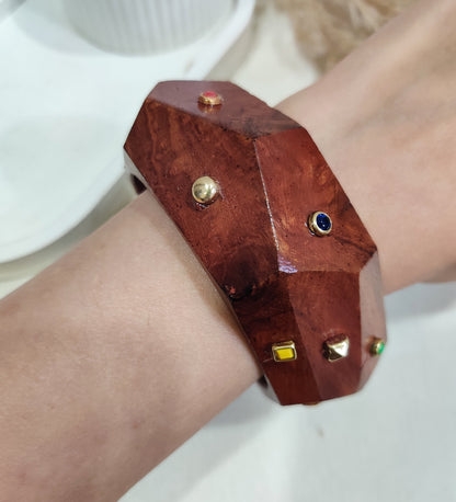 Designer Wooden Bracelet with Gold Studs & Color Stones