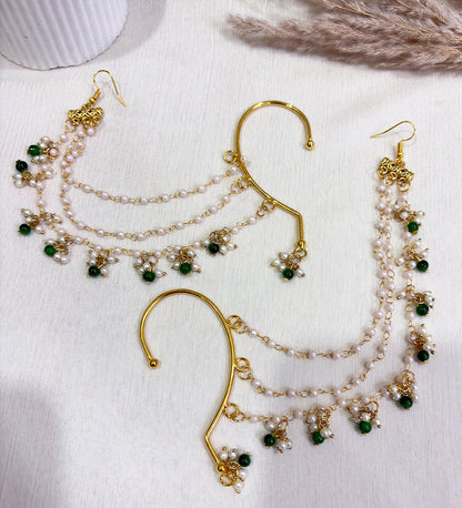 Pearl Grace Ear Chains with Emerald Touc