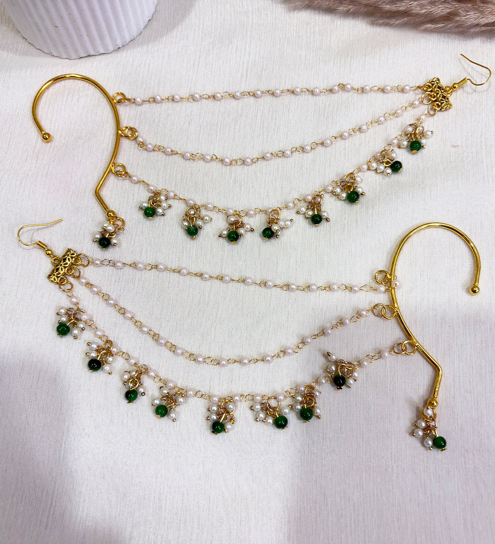 Pearl Grace Ear Chains with Emerald Touc