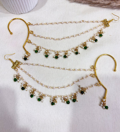 Pearl Grace Ear Chains with Emerald Touc