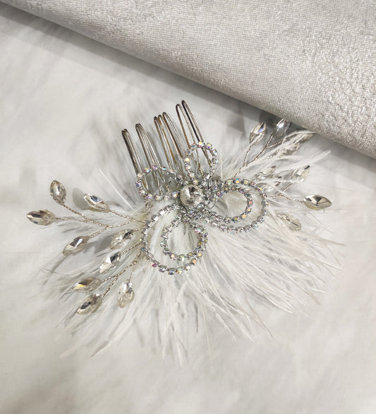 White Feather and Rhinestone Flower Hair Comb