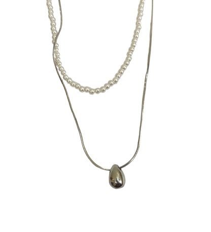 Double Layer Pearl and Silver Neck Chain with Tear Drop Pendent