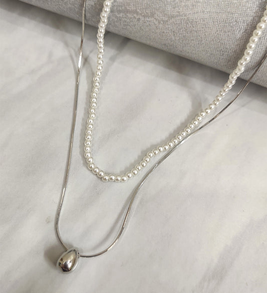 Double Layer Pearl and Silver Neck Chain with Tear Drop Pendent