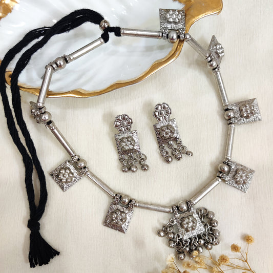 Silver Afghani Ghungroo Oxidised Necklace Set