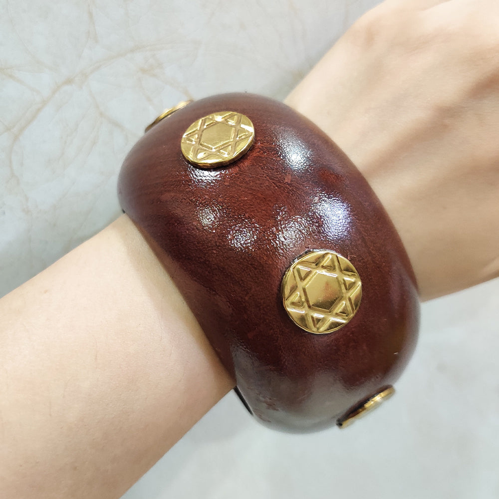 Boho Statement Wooden Cuff Bangle with Star Gold Accents