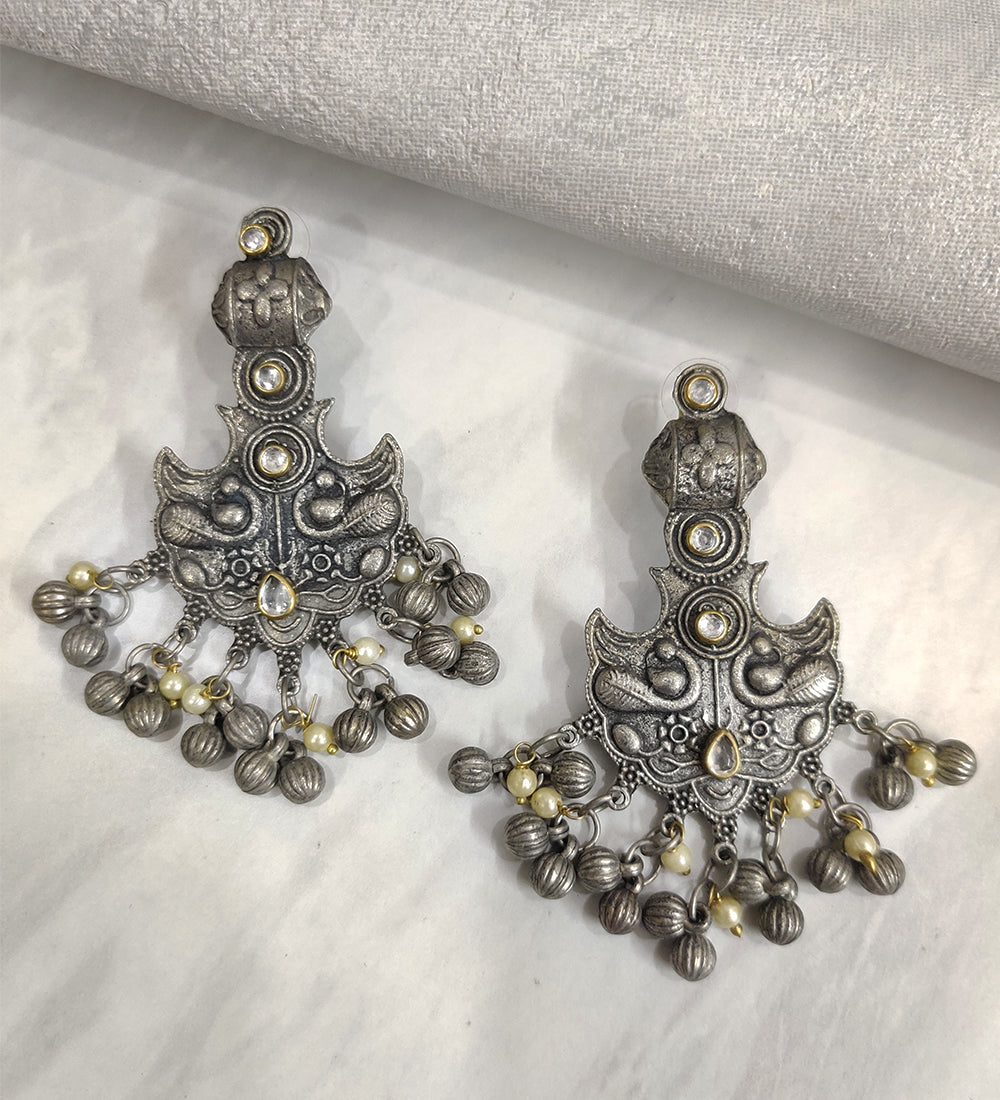 Silver Oxidised Meena Earring