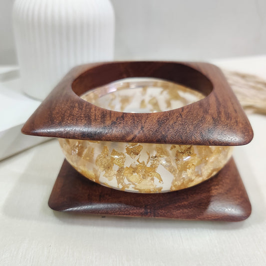 Wood & Resin Bangle with Gold Foil Flakes Stack