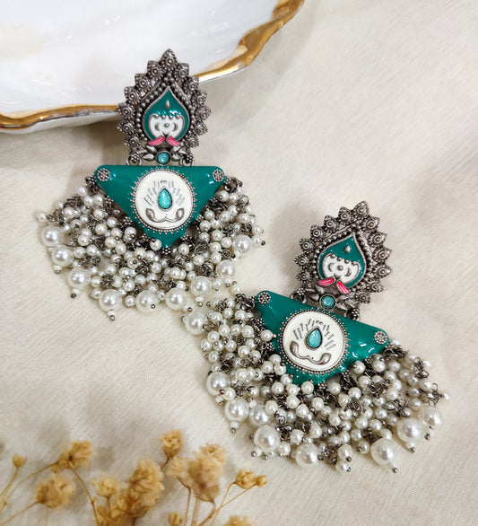 Turquoise Oxidised Pearl Earrings