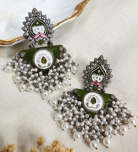 Mehndi Green Oxidised Pearl Dangle Earrings