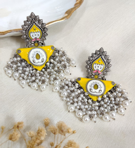 Yellow Oxidised Pearl Dangle Earrings