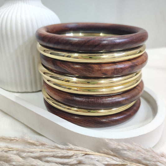 Vintage Wood & Gold Finish Bangles Stack