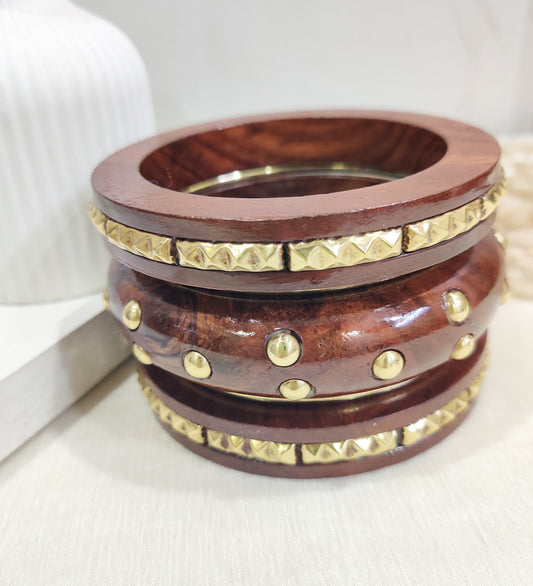 Designer Wooden & Gold Stud Bangles |Set of 5 Bangle
