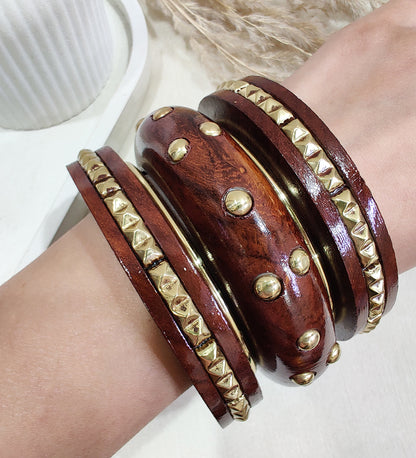Designer Wooden & Gold Stud Bangles |Set of 5 Bangle