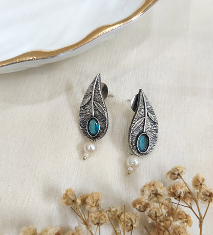 Oxidised Leaf with Blue Stone Stud Earrings
