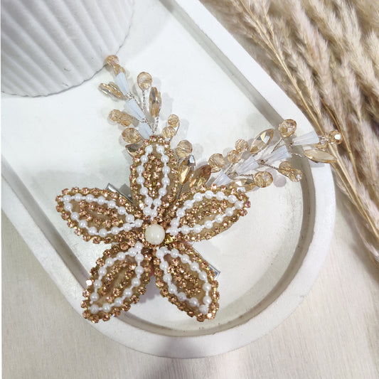 Gold & Pearl Crystal Flower Hairpiece