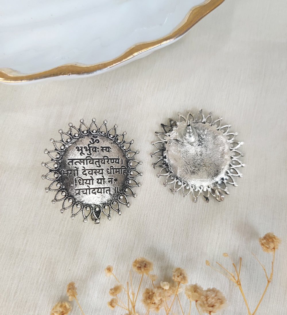 Gayatri Mantra Carved Stud Earrings
